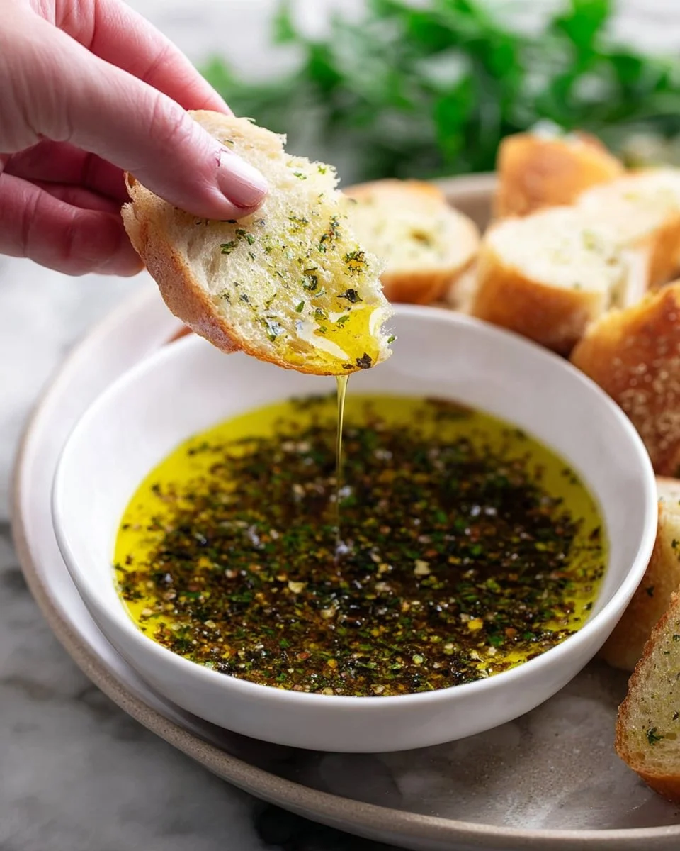 Bowl of olive oil bread dip with herbs and spices for dipping bread