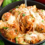 Delicious one pot meatball casserole topped with melted cheese and herbs
