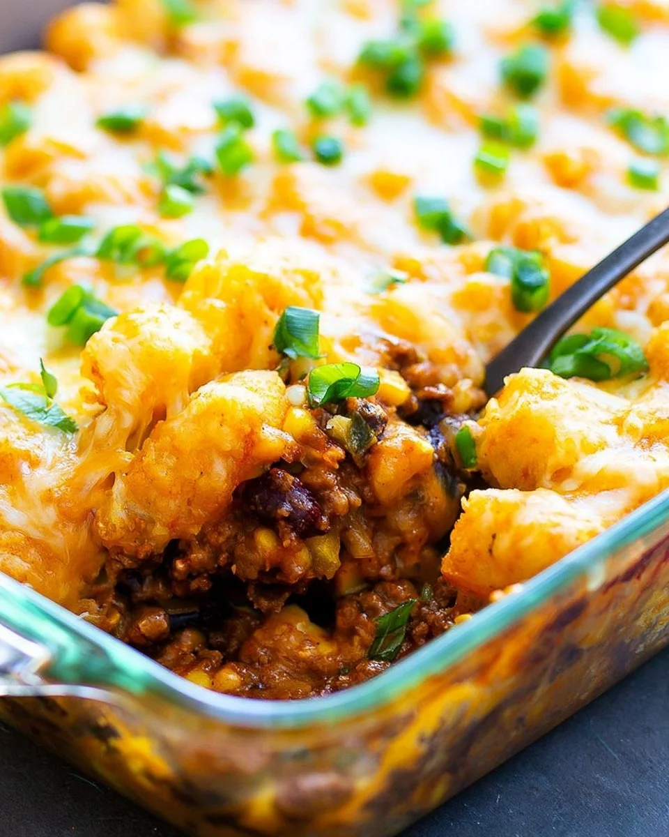 One Pot Mexican Tater Tot Casserole topped with cheese and spices in a skillet.