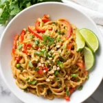 Bowl of creamy Peanut Butter Noodles garnished with vegetables and herbs.