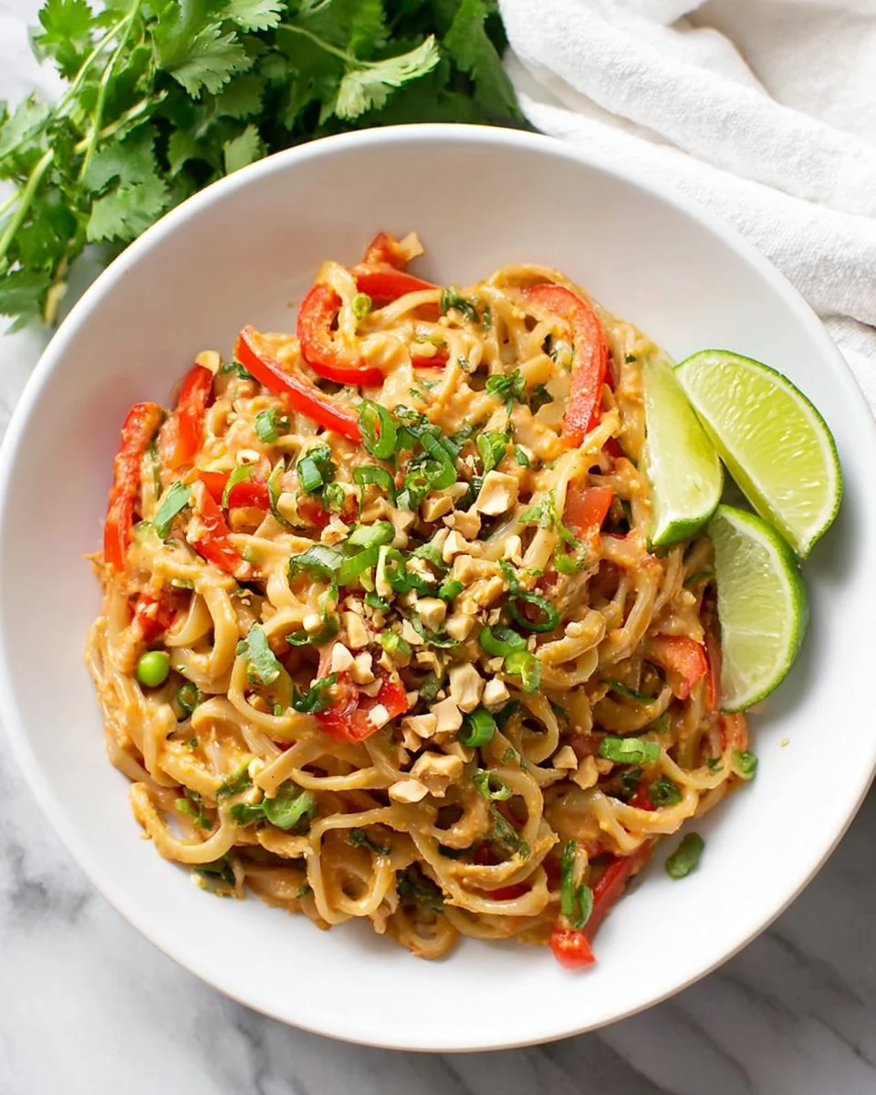 Bowl of creamy Peanut Butter Noodles garnished with vegetables and herbs.