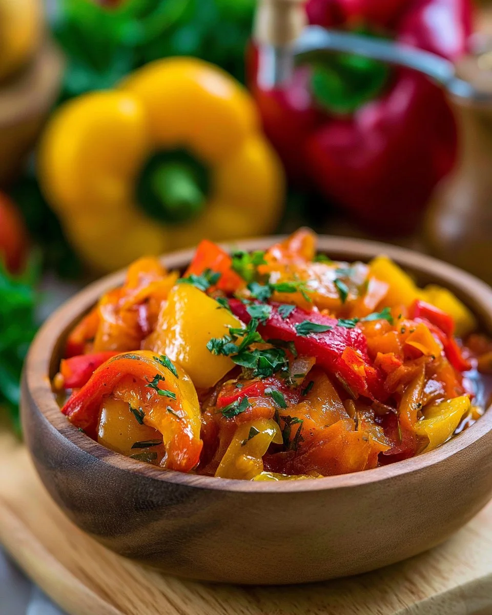 Delicious Peperonata dish featuring colorful peppers and tomatoes