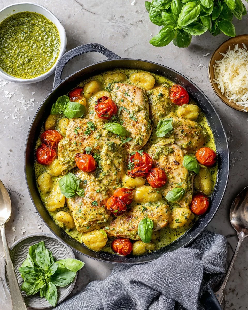 Pesto Gnocchi with Chicken dish served in a bowl with basil garnish