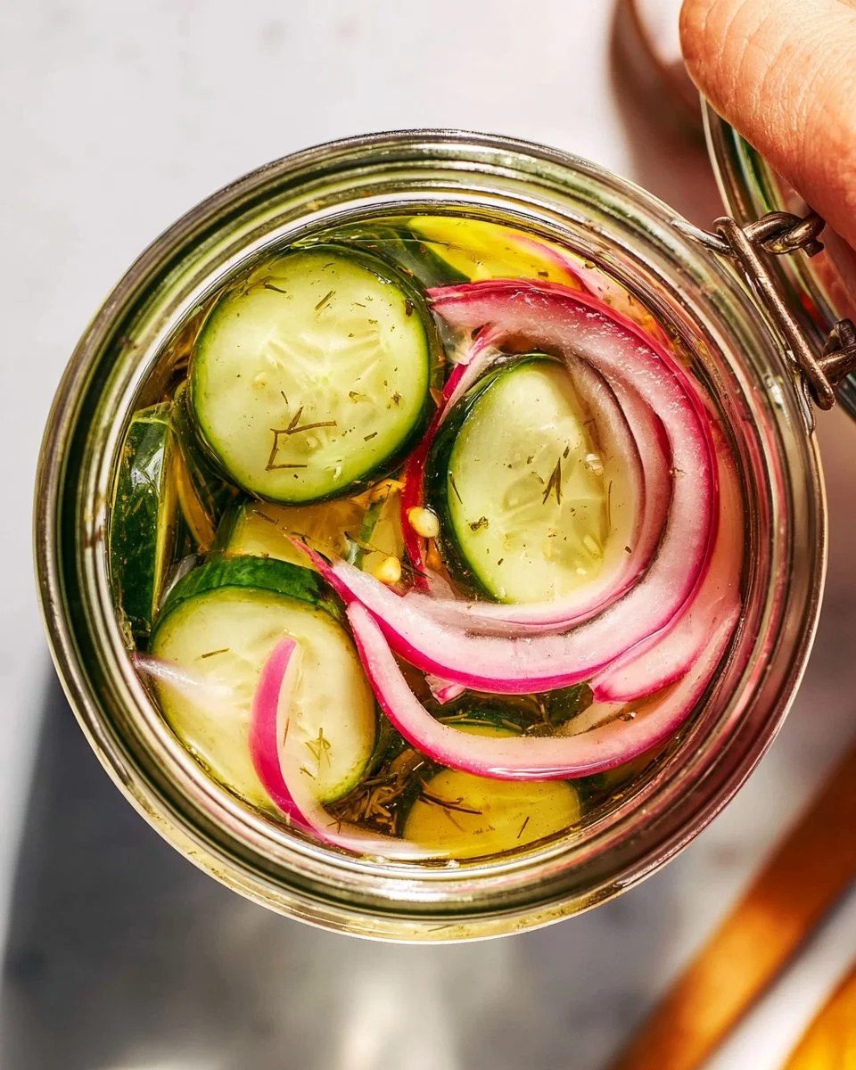 A jar of pickled cucumbers and onions on a wooden table.