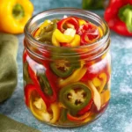 Jar of homemade pickled peppers ready for serving.
