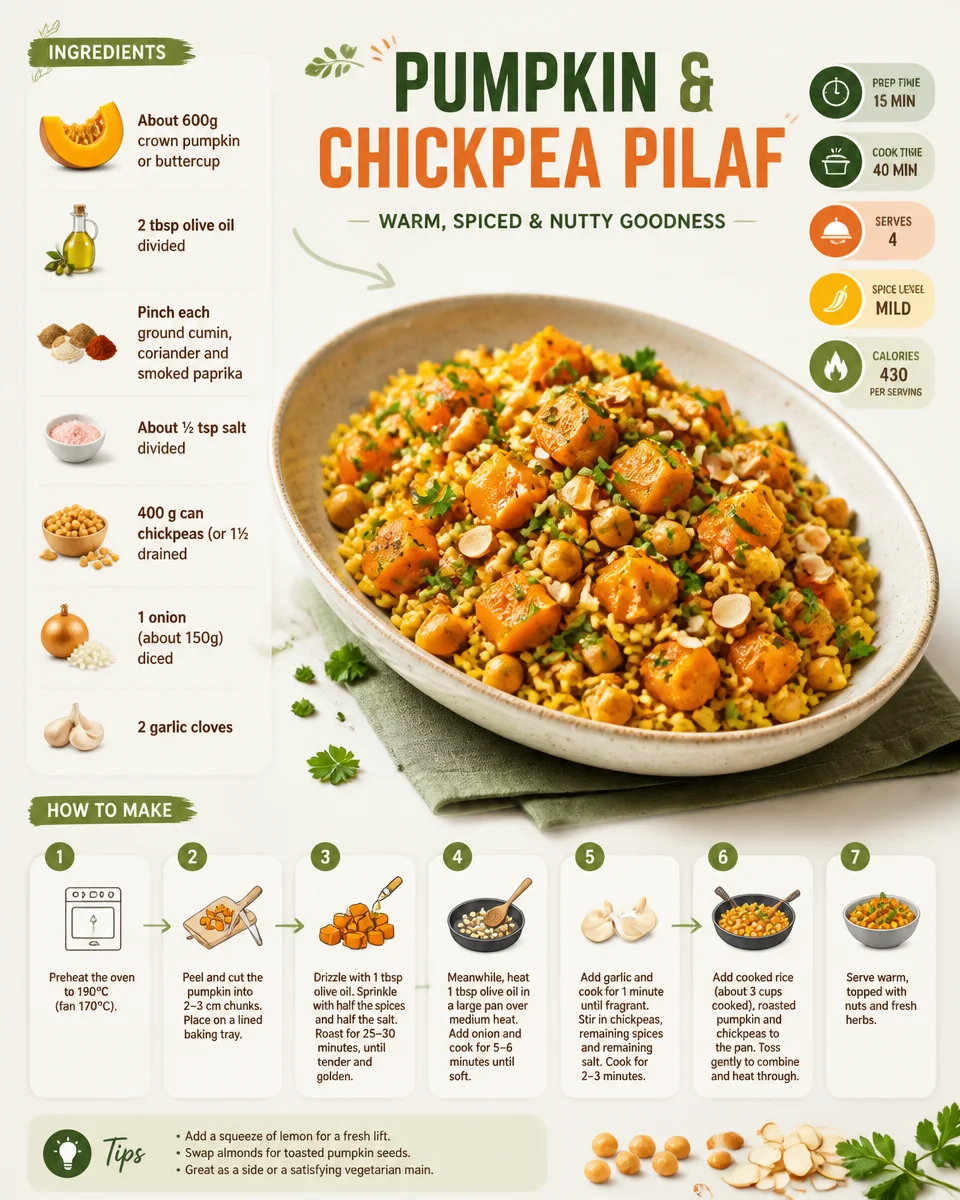 Delicious Pumpkin Chickpea Pilaf served in a bowl garnished with herbs