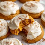 Pumpkin cookies with cream cheese frosting on a rustic table