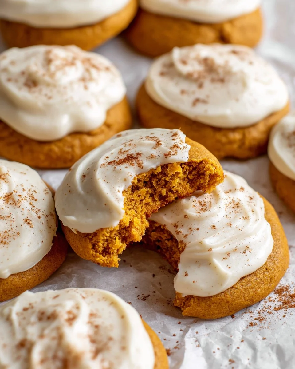 Pumpkin cookies with cream cheese frosting on a rustic table
