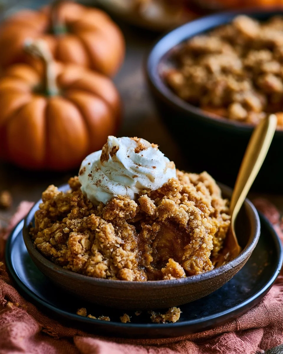 Delicious homemade Pumpkin Crisp dessert with pumpkin spice topping