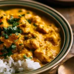 Creamy pumpkin curry with chicken served in a bowl, garnished with fresh herbs