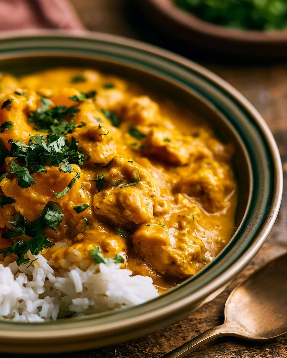 Creamy pumpkin curry with chicken served in a bowl, garnished with fresh herbs