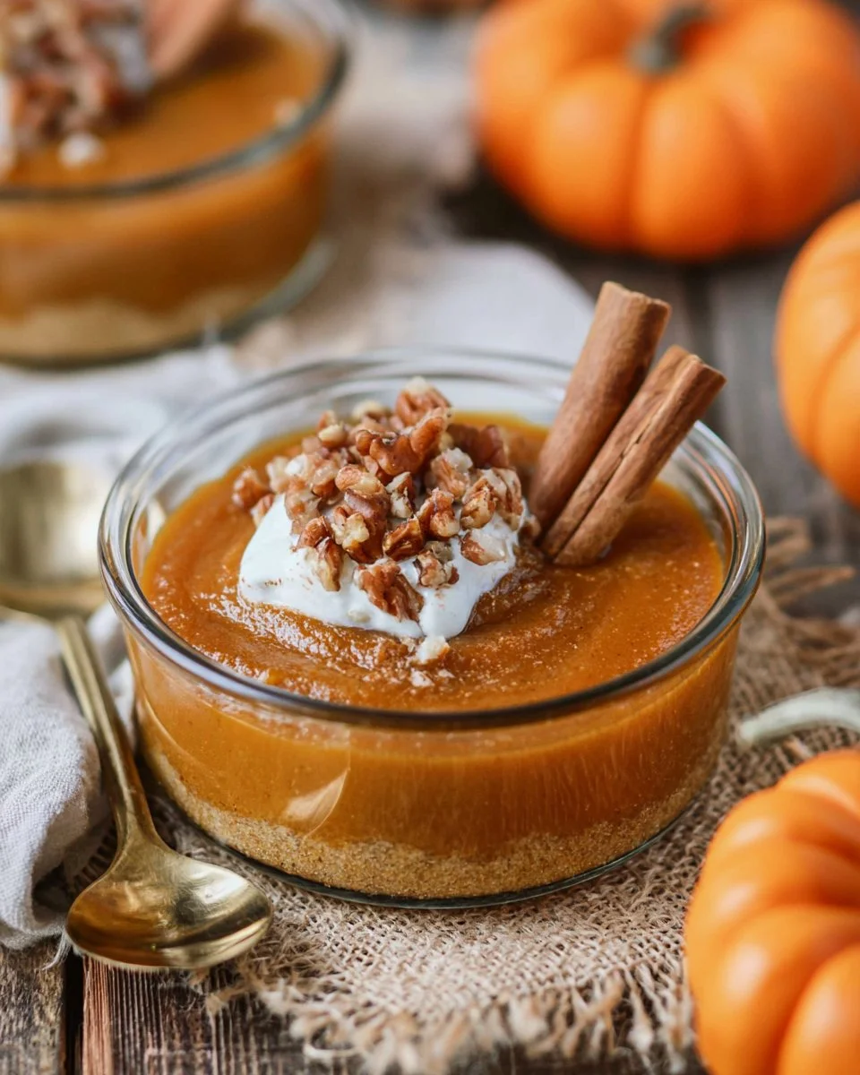 Slice of creamy pumpkin custard in a dessert dish, showcasing its rich texture and color.