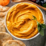 Creamy pumpkin dip served with crackers and garnished with spices