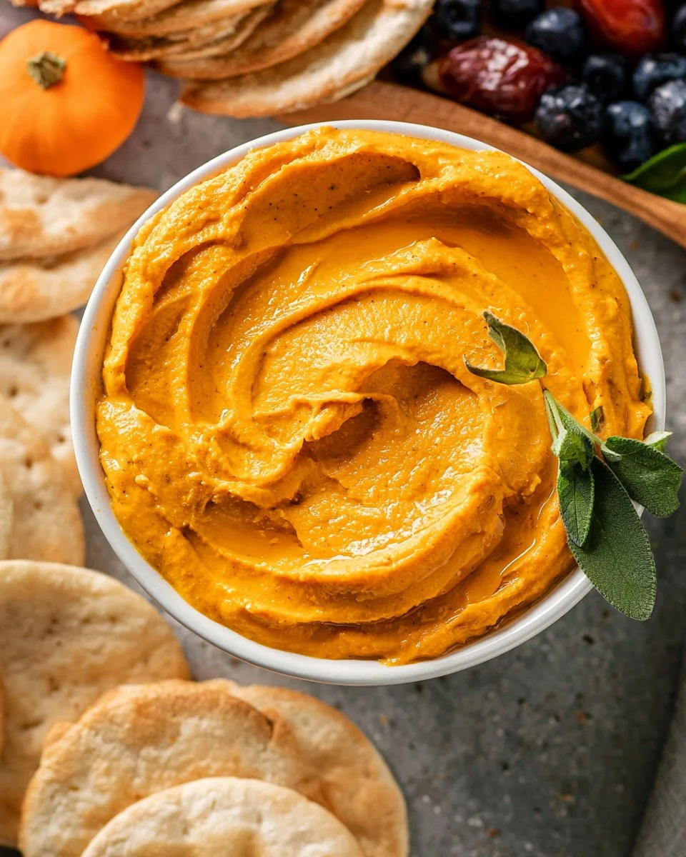 Creamy pumpkin dip served with crackers and garnished with spices