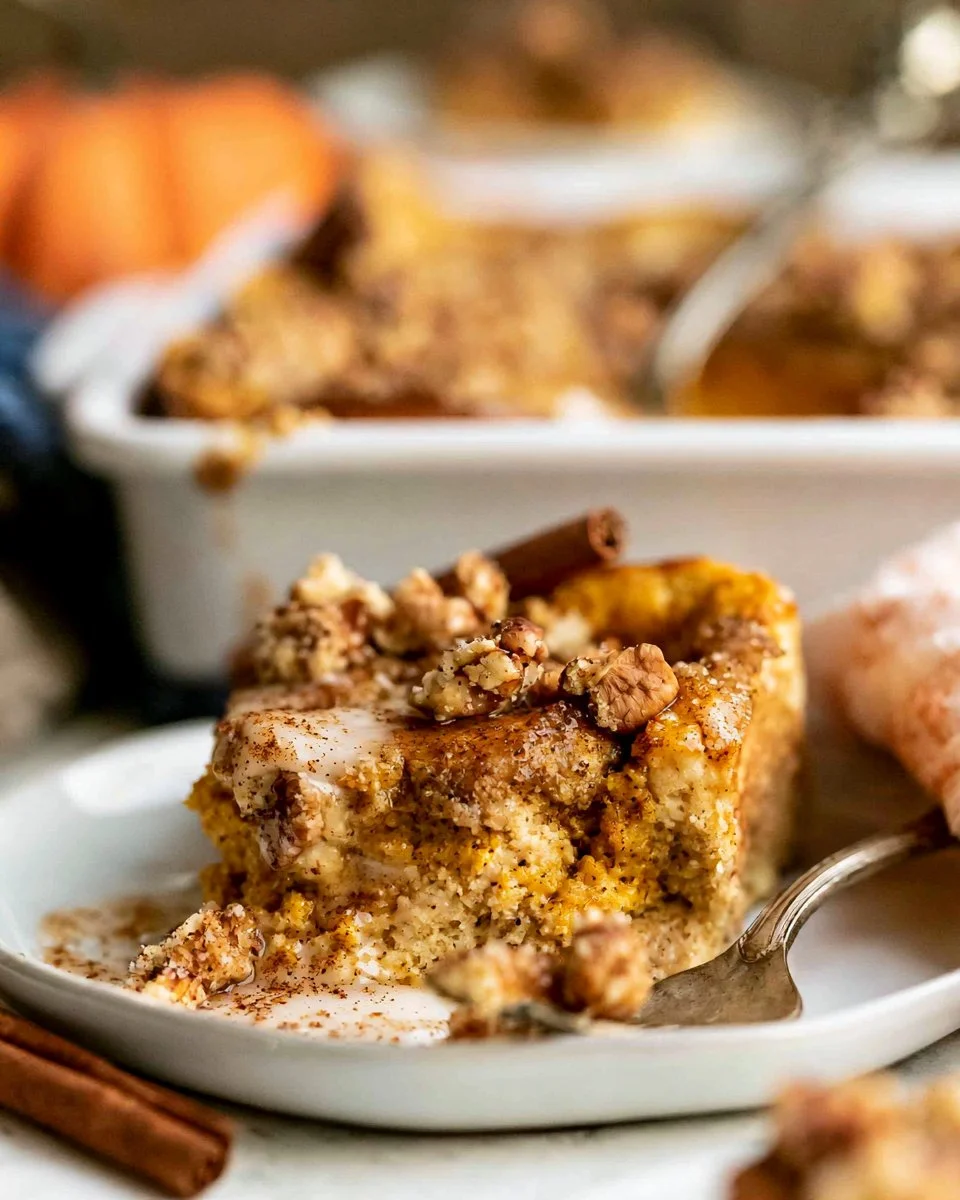Pumpkin French Toast Casserole topped with syrup and whipped cream