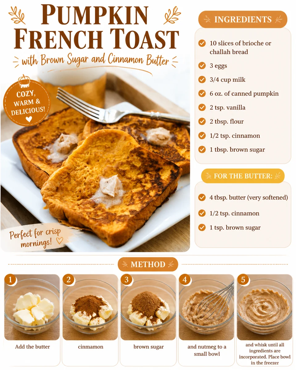 Delicious Pumpkin French Toast with brown sugar and cinnamon butter served on a plate.
