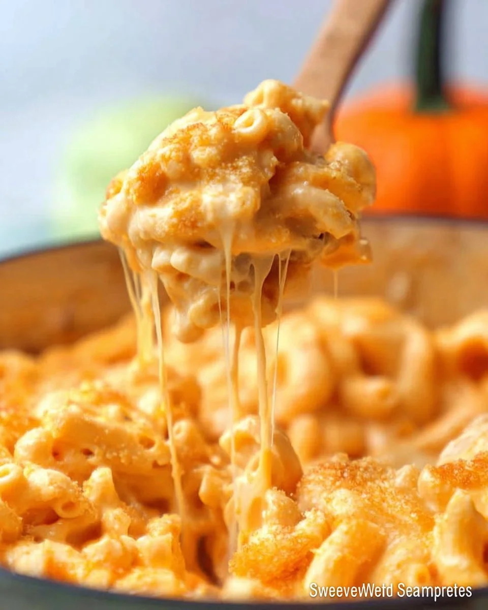 Delicious bowl of Pumpkin Mac and Cheese topped with herbs