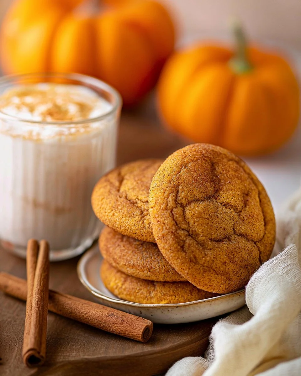 Freshly baked Pumpkin Snickerdoodles on a wooden table with spice sprinkles