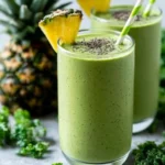Refreshing pineapple kale smoothie in a glass with vibrant colors and healthy ingredients.