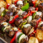 Sausage and pepper sandwich kabobs served on skewers with fresh veggies.