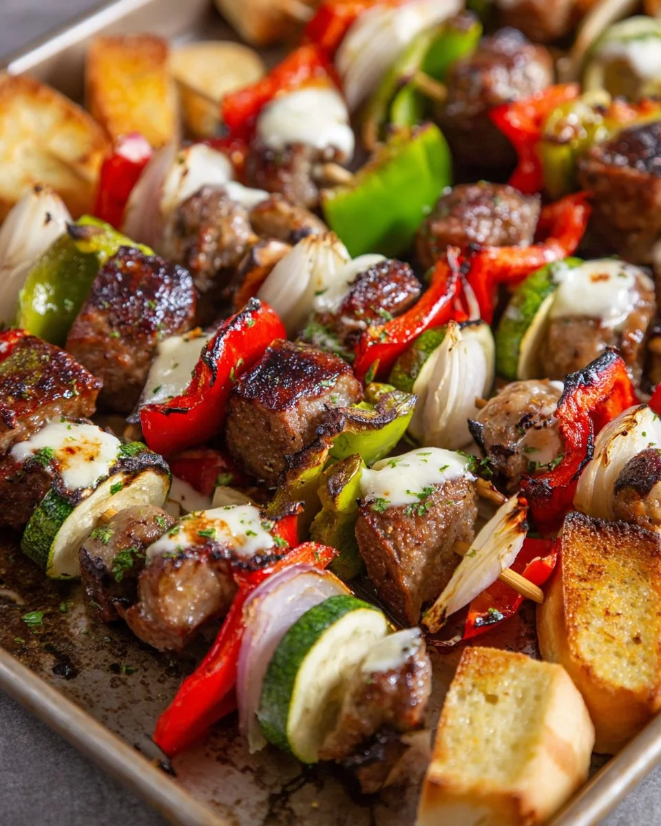 Sausage and pepper sandwich kabobs served on skewers with fresh veggies.