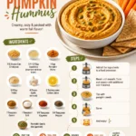 Bowl of savory pumpkin hummus topped with seeds and herbs