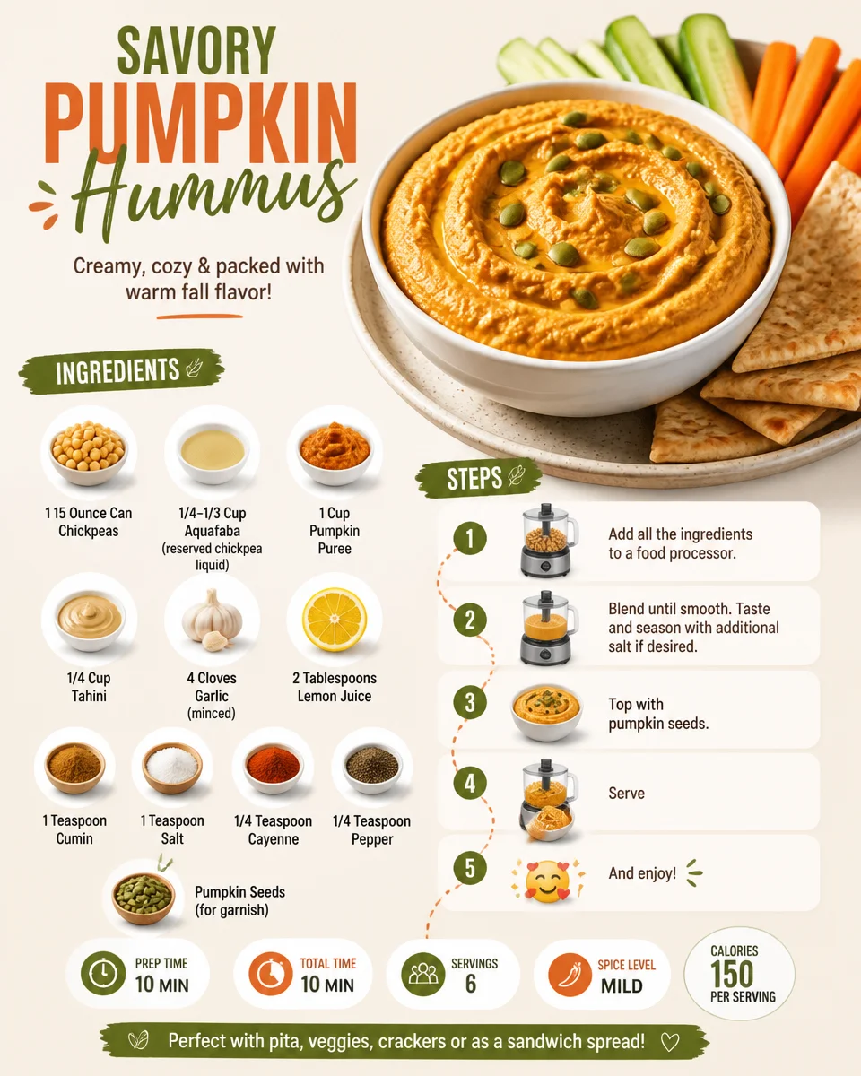 Bowl of savory pumpkin hummus topped with seeds and herbs