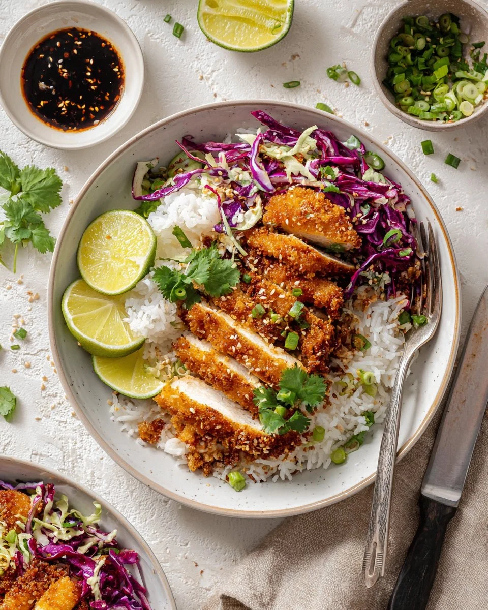 Delicious Sesame Chicken Coconut Rice Bowl garnished with sesame seeds and herbs