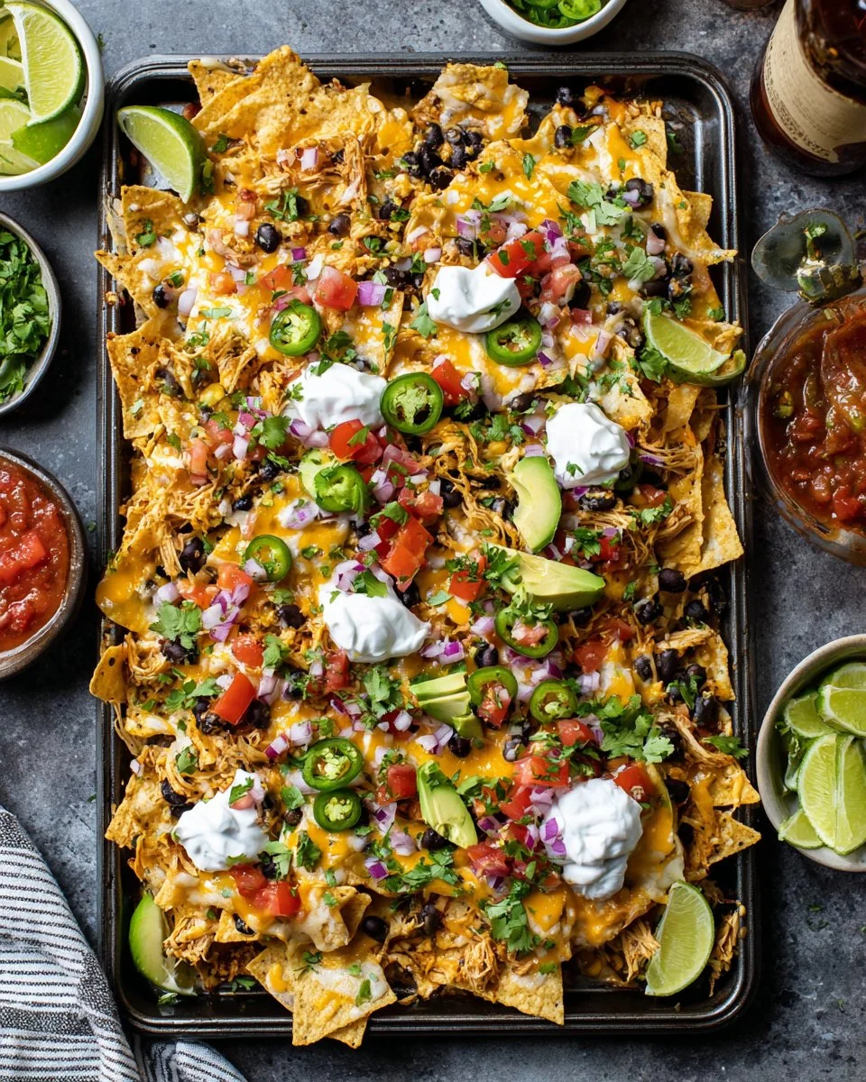 Delicious sheet pan chicken nachos topped with cheese and jalapeños