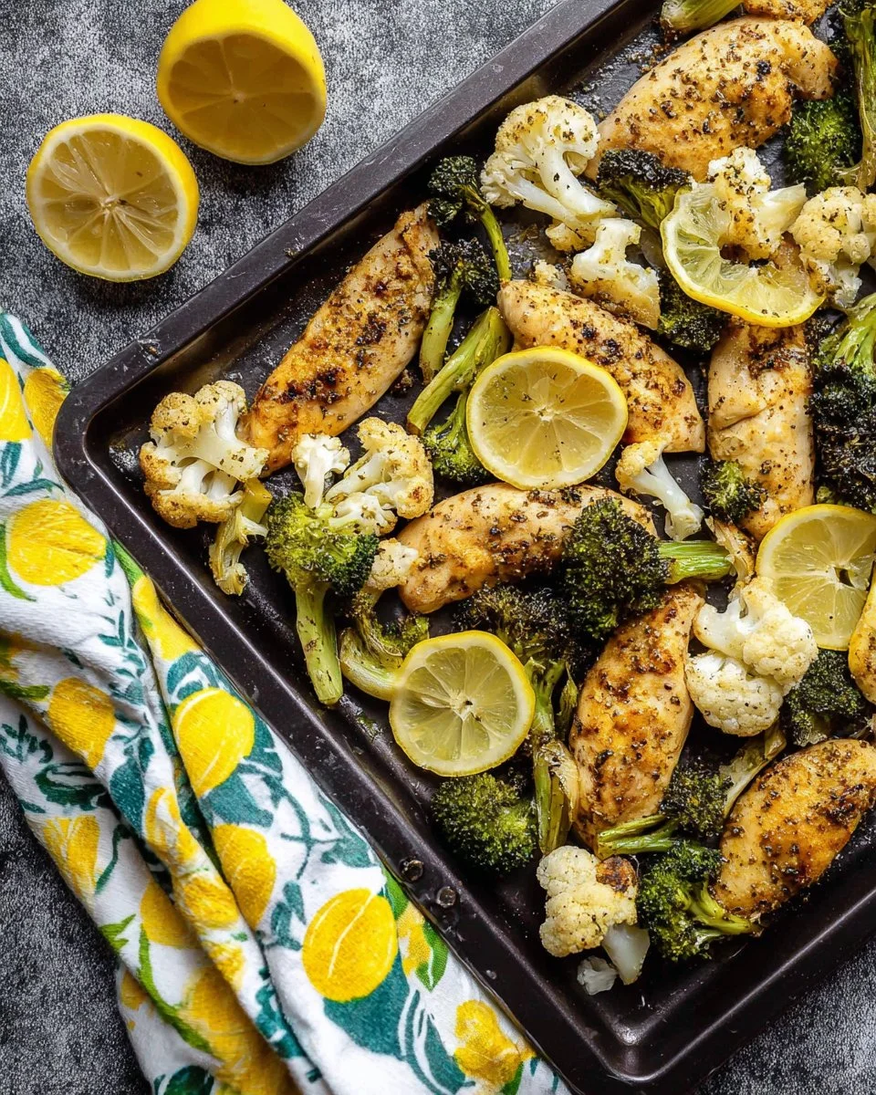 Sheet pan lemon chicken with fresh veggies ready to serve