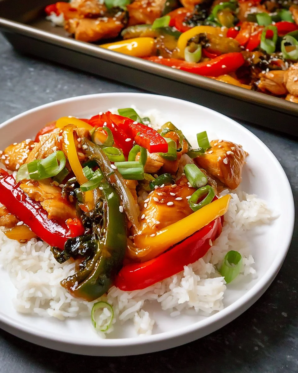 Sheet Pan Teriyaki Chicken with colorful peppers on a baking tray
