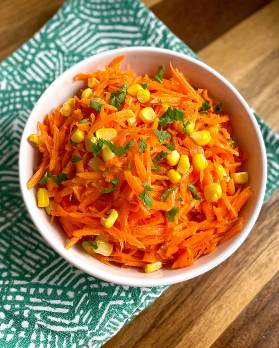 Shredded carrot salad with fresh herbs and dressing in a bowl