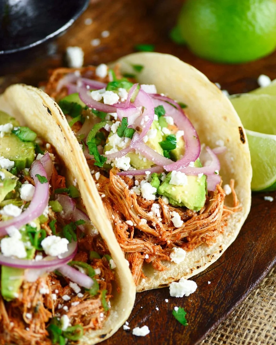 Delicious shredded chicken tacos topped with fresh ingredients and spices