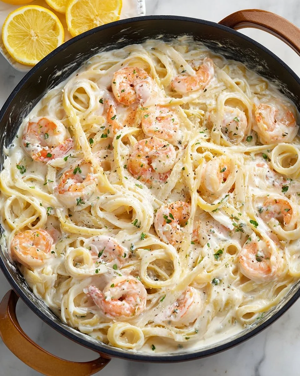 Delicious Shrimp Alfredo pasta topped with fresh herbs and shrimp
