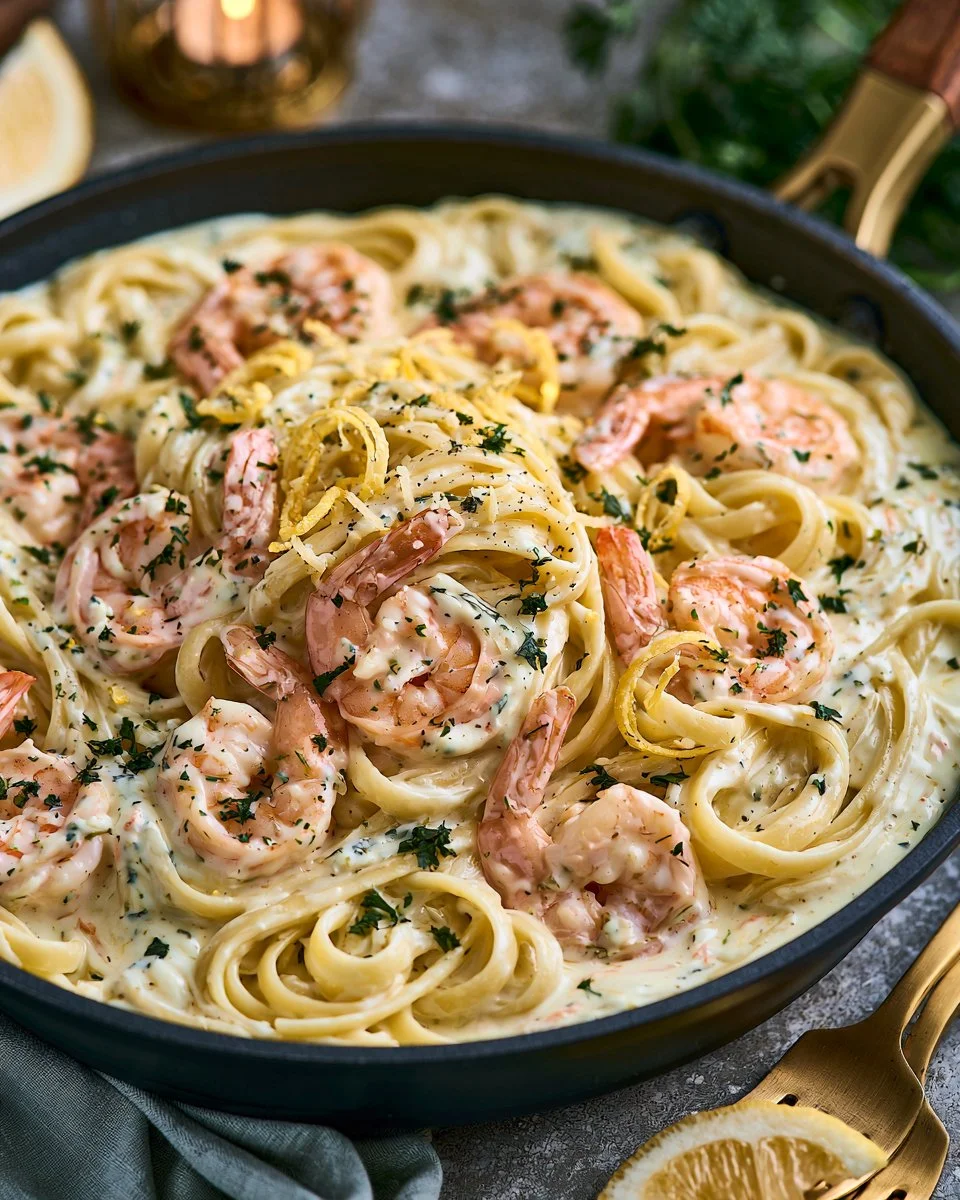 Delicious Shrimp Alfredo served with fettuccine pasta and garnished with parsley