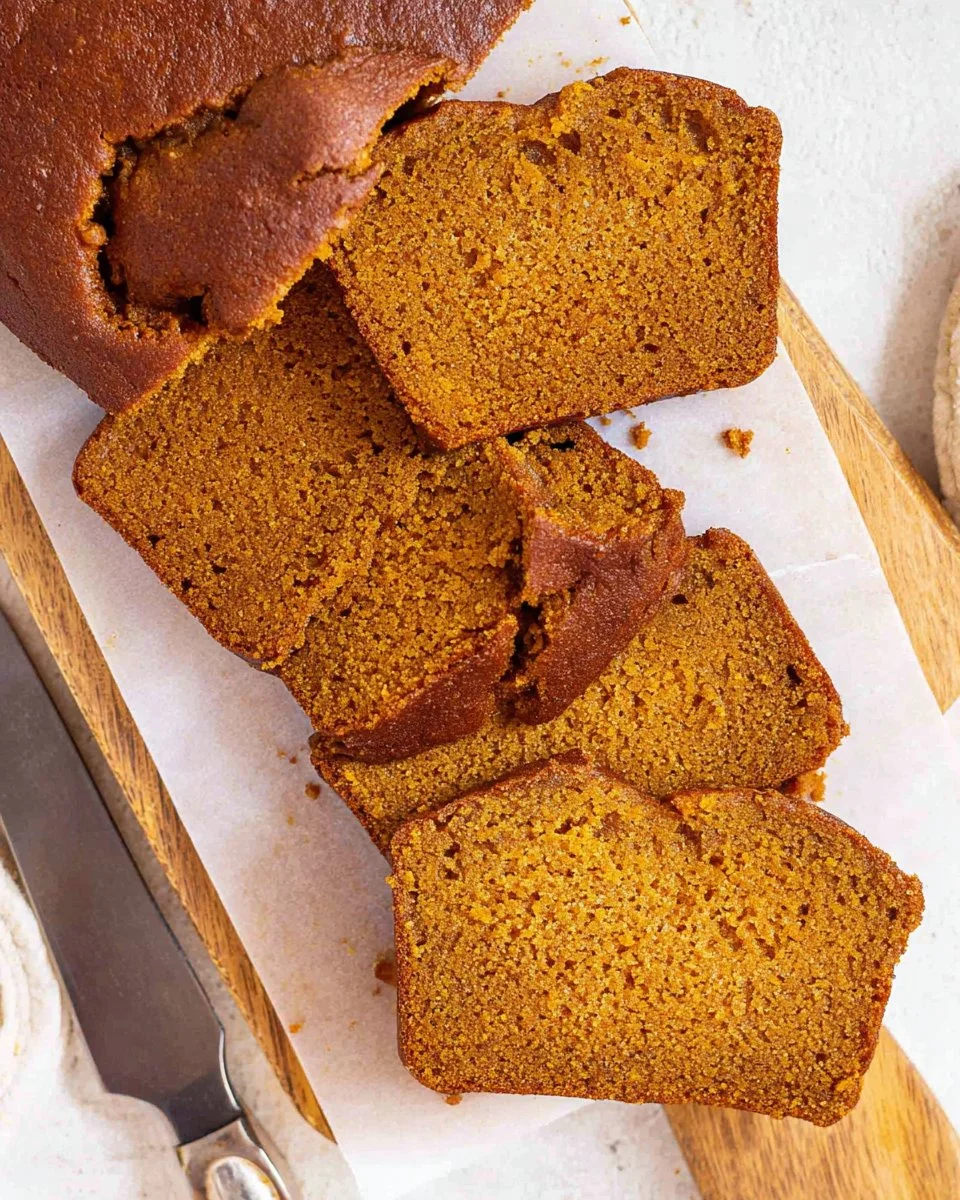 Sliced homemade simple pumpkin bread on a rustic wooden table