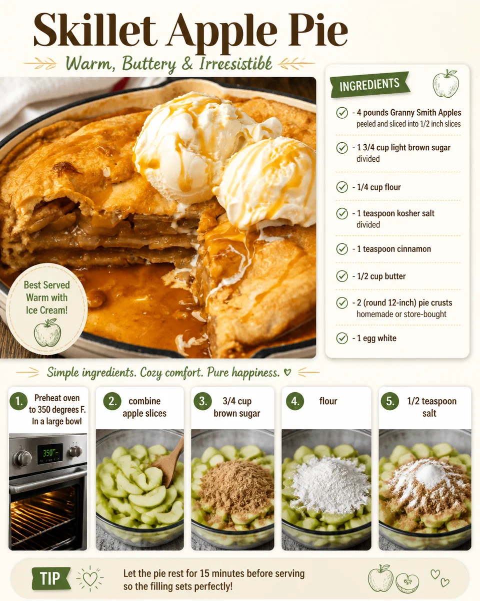 Delicious skillet apple pie topped with ice cream and cinnamon.