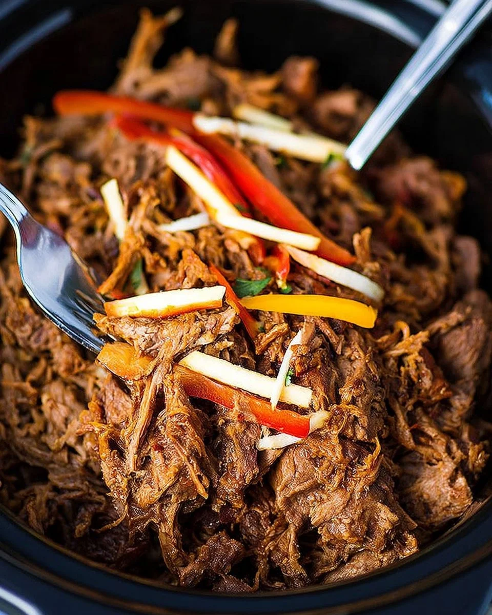 Delicious Slow Cooker Barbacoa Beef garnished with cilantro and lime