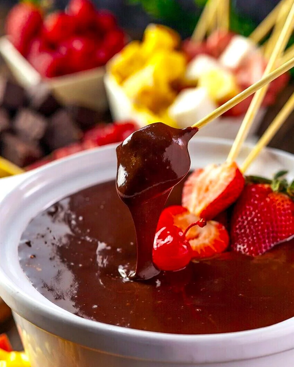Creamy slow cooker chocolate fondue served with fruits and treats.