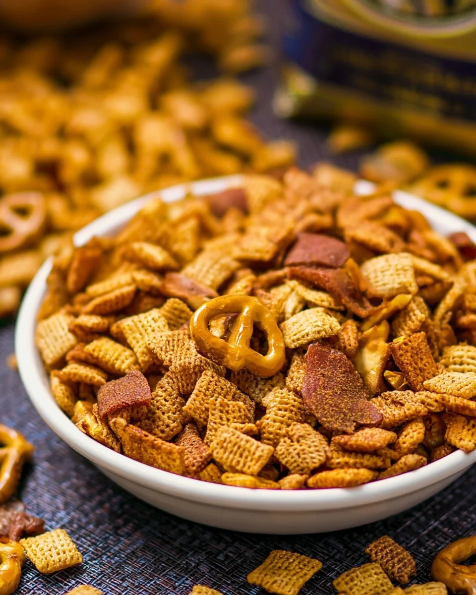 A bowl of smoked Chex Mix with savory snacks and spices.
