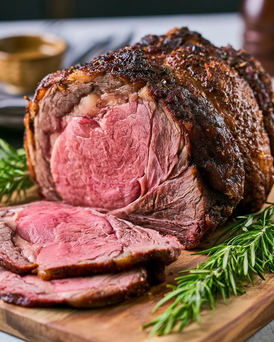 Smoked Prime Rib Roast served with sides and garnished herbs