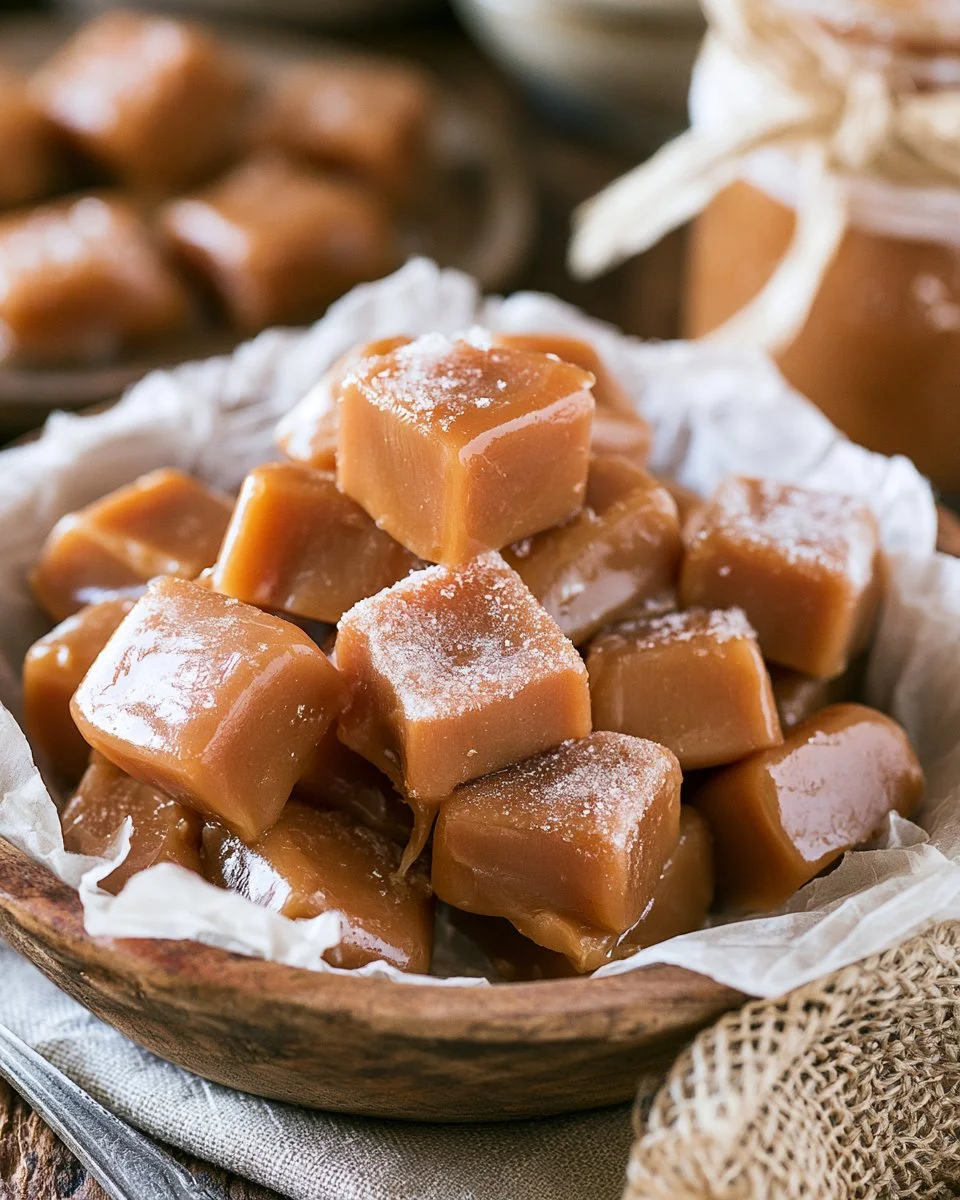 Deliciously soft homemade caramels in a rustic presentation