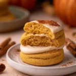 Soft pumpkin cookies with a dusting of cinnamon sugar on a rustic wooden table