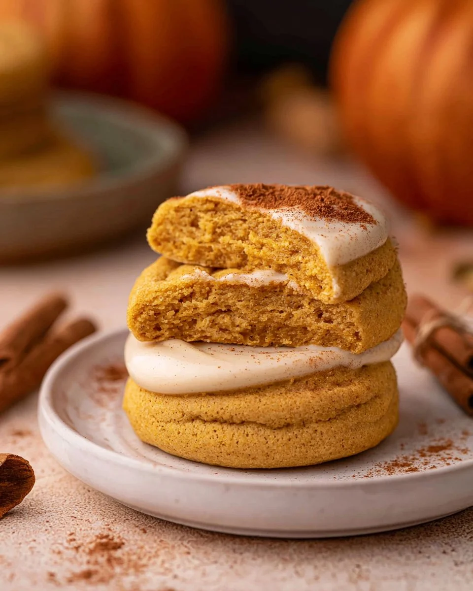 Soft pumpkin cookies with a dusting of cinnamon sugar on a rustic wooden table