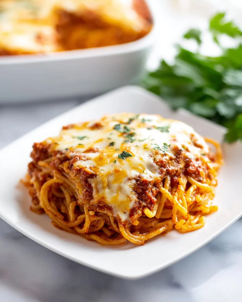 Delicious homemade Spaghetti Pie with cheese and herbs