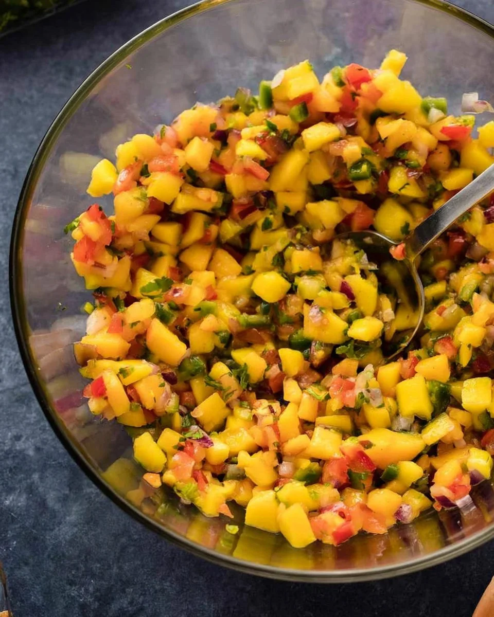 Bowl of spicy mango salsa with jalapeños served with tortilla chips