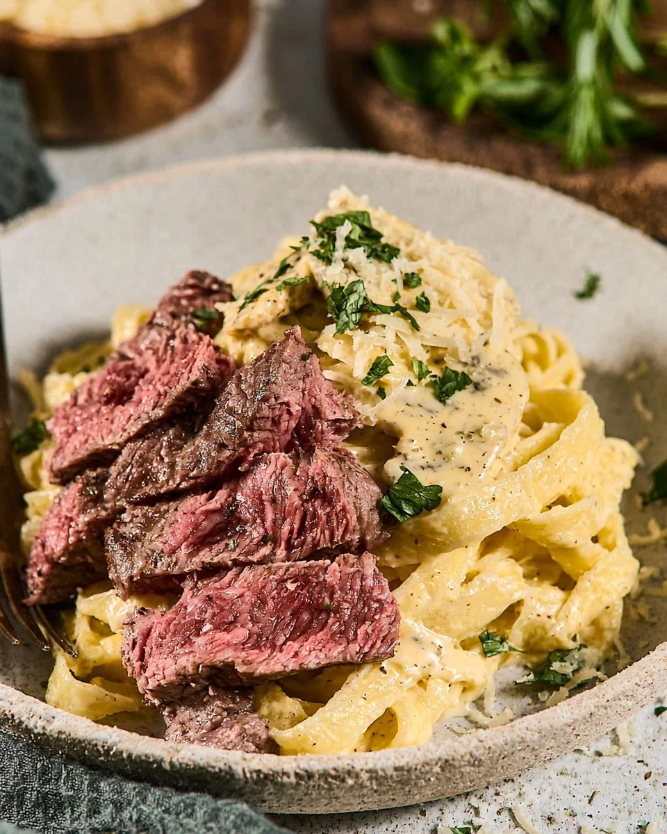 Plate of Steak Alfredo featuring tender steak and creamy Alfredo sauce
