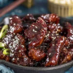 Delicious sticky honey garlic beef served on a plate
