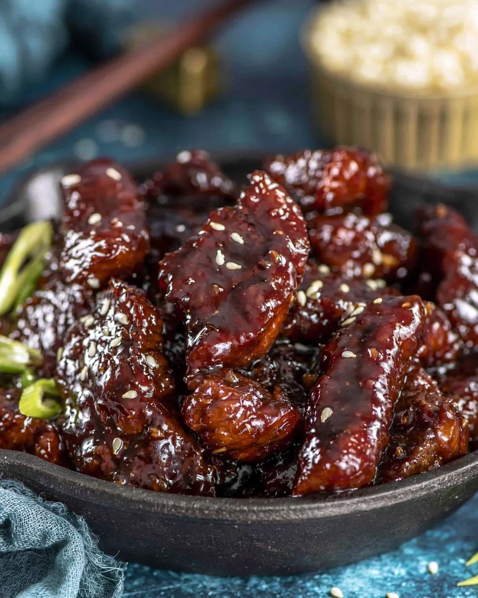Delicious sticky honey garlic beef served on a plate