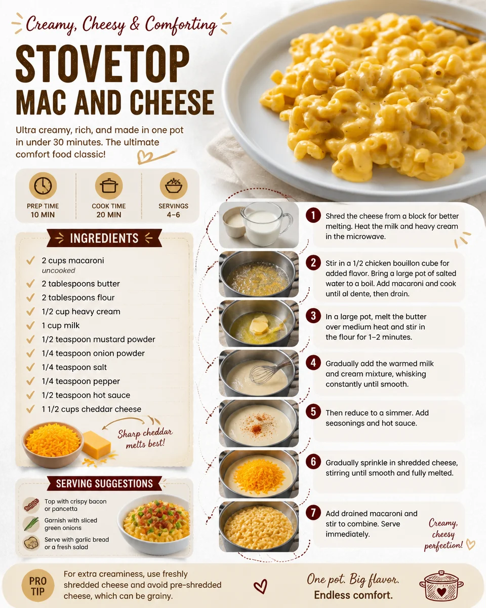 Creamy stovetop mac and cheese served in a bowl with melted cheese strands.